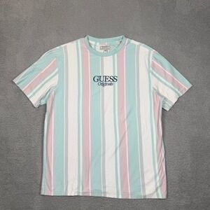 Guess Originals Mens Pastel Vertical Stripe Embroidered Logo T-Shirt Large